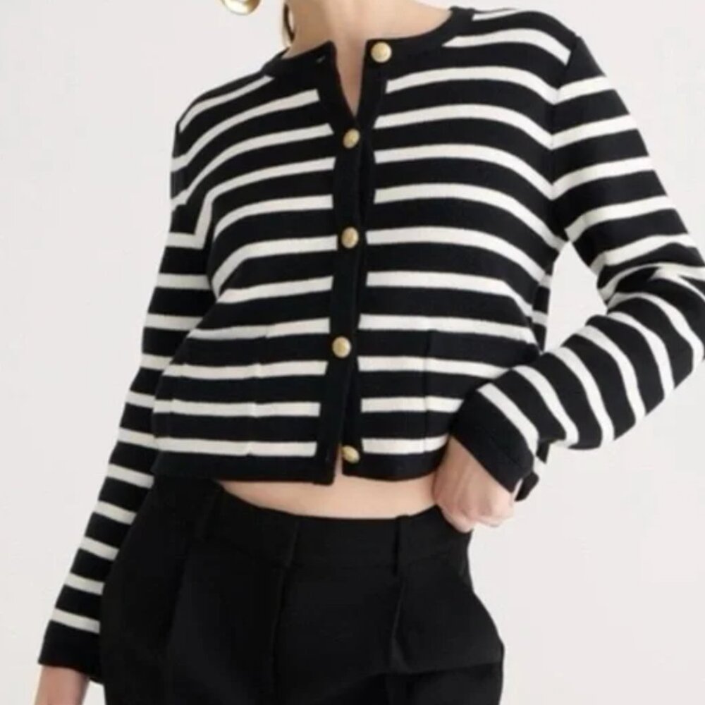 J Crew Striped Gold Button Black & White Sweater Cardigan - Small